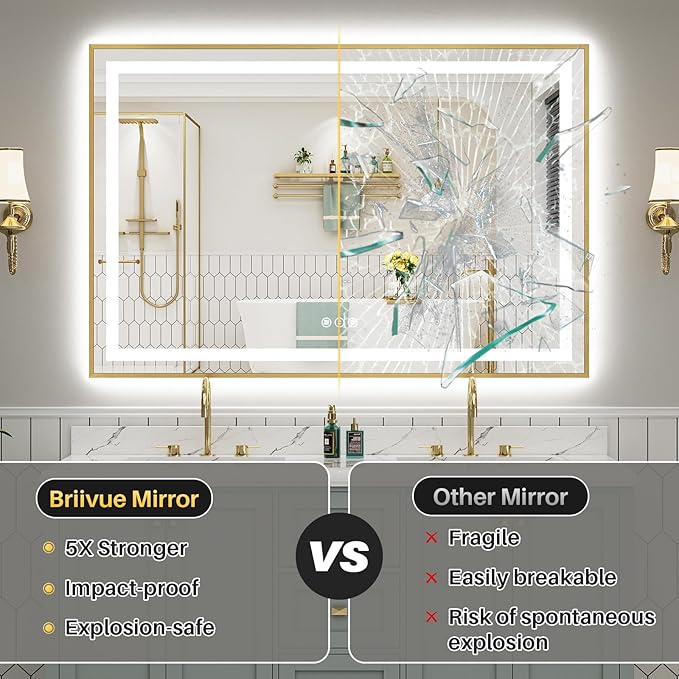 28x36 Inch LED Bathroom Mirror with Gold Frame, Backlit & Front Lit, Anti-Fog Lighted Bathroom Vanity Mirror for Wall, Memory Function, Dimmable, HD Tempered Glass, Shatter-Proof