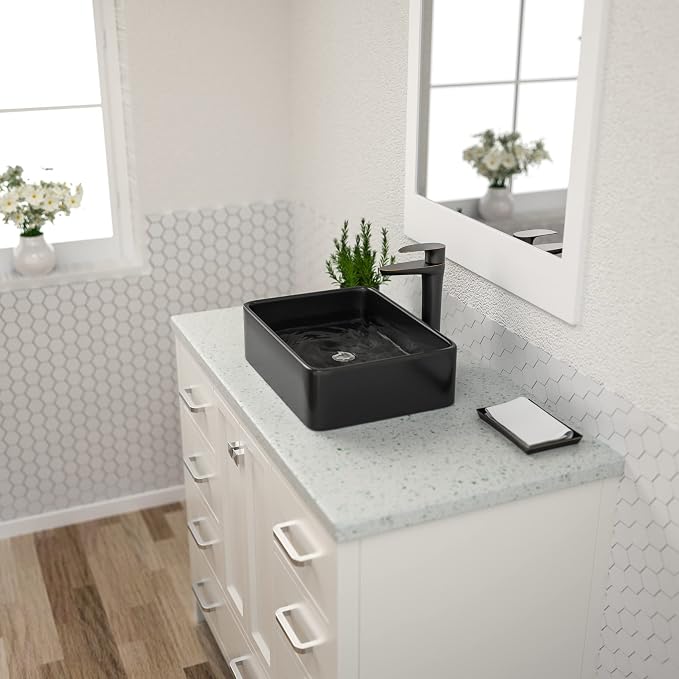 Black Vessel Sink Rectangle, Dcolora 19"x15" Matte Black Bathroom Vessel Sink Rectangular Above Counter Ceramic Porcelain Lavatory Vanity Sink Bowl Basin