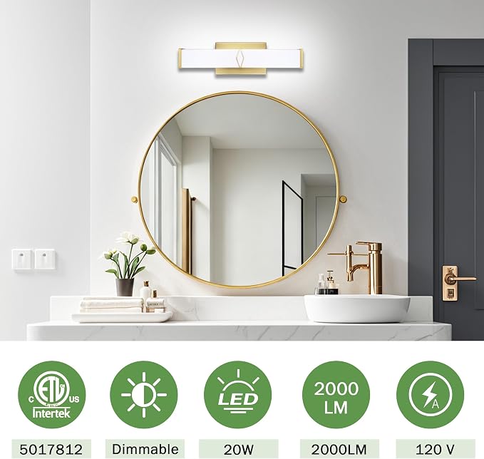 16 Inch Bathroom Vanity Light 2000LM, 5700K Daylight White Modern Bathroom Light Dimmable, AC 120V 20W Gold LED Vanity Lighting Fixtures Wall Sconce ETL Certified, 2Pack