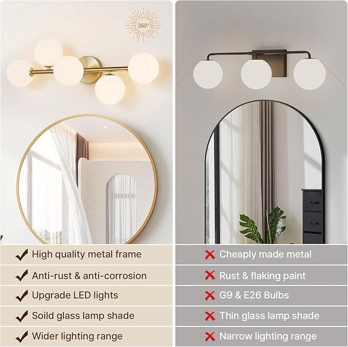 Bathroom Light Fixtures, Brushed Gold Bathroom Vanity Light Over Mirror with Milk White Glass Shades, Dimmable LED Wall Sconces for Hallway, Entryway, Living Room, Bedside, Staircase