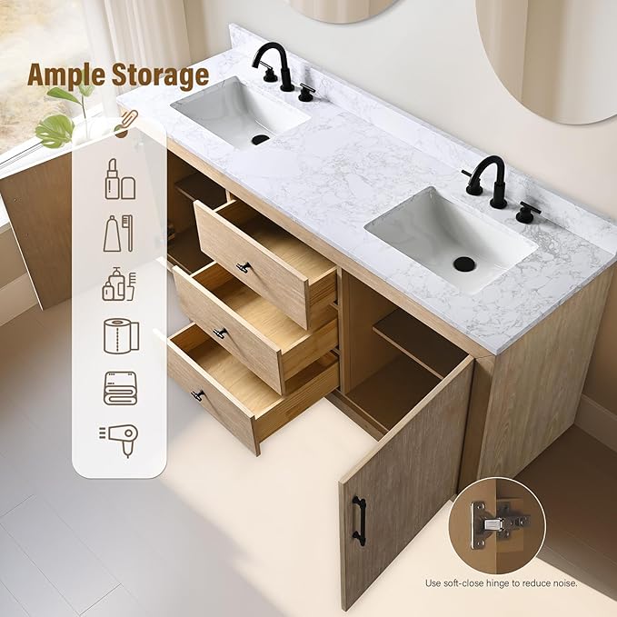 HOMEBEYOND 72 Inch Bathroom Vanity with Double Sink & Ceramic Top, MDF Material Vanity Cabinet with Basin Combo, Soft-Closing Doors, Removable Shelf, Backsplash