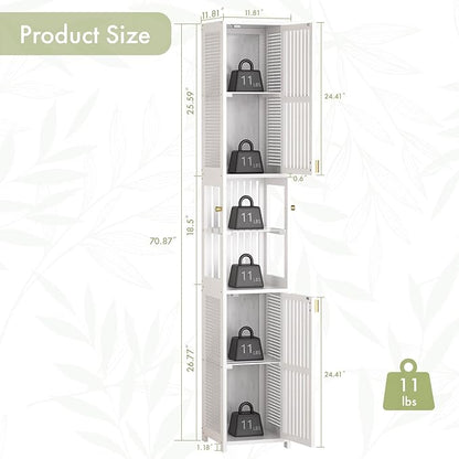 Amazer 70'' Tall Bathroom Storage Cabinet Bamboo, Slim Storage Cabinet with Rattan Door and Adjustable Shelves, Narrow Freestanding Organizer for Living Room Kitchen, White