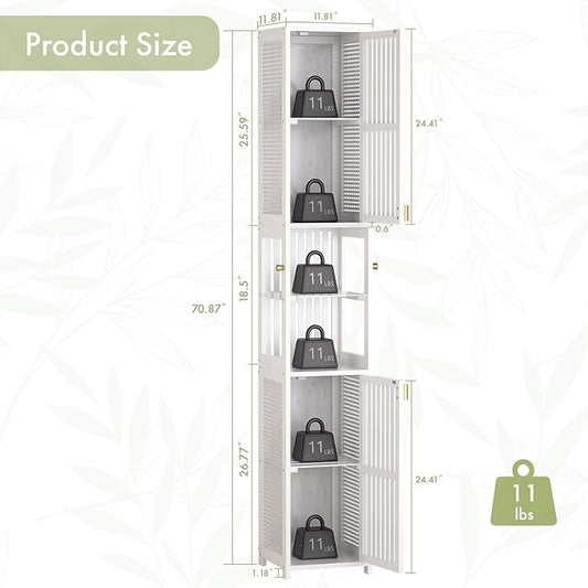 Amazer 70'' Tall Bathroom Storage Cabinet Bamboo, Slim Storage Cabinet with Rattan Door and Adjustable Shelves, Narrow Freestanding Organizer for Living Room Kitchen, White