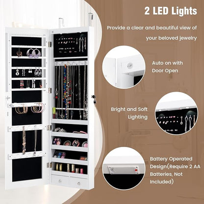 LOKO Mirrored Jewelry Armoire, Wall/Door Mounted Jewelry Cabinet with Full-Length Mirror, Lockable Jewelry Storage Organizer with 2 Drawers & 2 LED Lights, for Girls Women Gift Bedroom (White)
