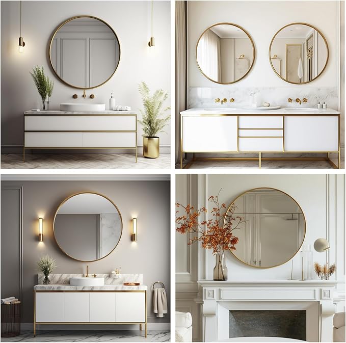 Large Round Mirror 38 inch, Gold Circle Mirror, Brushed Metal Frame | Brushed Gold Metal Frame, High Definition, Waterproof, Easy Installation, Suitable for Dressing Room, Cloakroom, Bedroom,