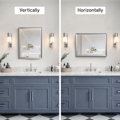 2 Pack Brushed Nickel Bathroom Mirrors 22x30 Inch | Silver Rectangle Vanity Mirror for Bedroom, Entryway, Living Room Decor, Aluminum Framed, Curved Wide Edge, Anti-Rust