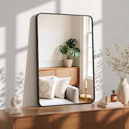 OLIXIS 38x26 Inch Bathroom Wall Mount Mirror with Rounded Rectangle, Black | Modern Wall Vanity Mirrors for Over Sink with Matte Brush Metal Framed, for Home Decor, Living Room, Bedroom