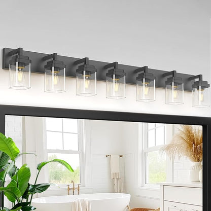 Matte Black Bathroom Light Fixtures, Modern Vanity Lights with Clear Glass Lamp Shade, Bathroom Lighting Fixtures Over Mirror, Restroom Vanity Lighting Fixture, 7-Light 52 Inch