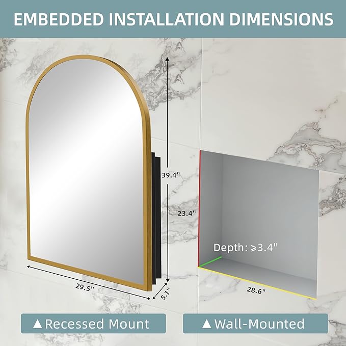 Casaphoria 39" H x 30" W Arched Bathroom Medicine Cabinet with Mirror, Metal Frame Wall Medicine Cabinets Mirrors, Wall Mirror Cabinet, Gold A