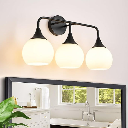 Mid Century Matte Black Bathroom Vanity Lights 3-Light Bathroom Lighting Fixtures Over Mirror with Milk White Glass Shade Modern Wall Sconce Lighting Bath Vanity Lights (Exclude E26 Bulb)
