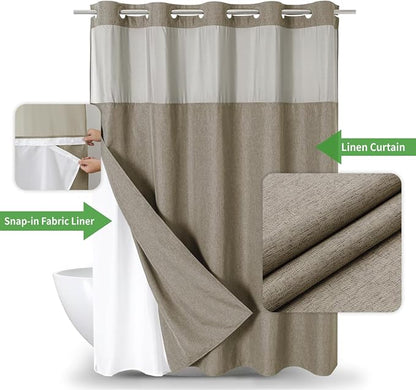 eachope No Hook Fabric Shower Curtain with Snap-in Liner,71x80 Khaki/Tan | Linen Texture,230GSM Thick Fabric,Hotel Luxury Decor,Mesh Window,Bottom magnetic ,Waterproof & Machine Washable,for Bathroom