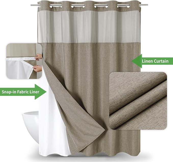 eachope Extra Long No Hooks Needed Linen Textured Shower Curtain with Snap-in Fabric Liner Set,Hotel Luxury Decor Shower Curtains for Bathroom,Waterproof & Washable,71Wx86H,Khaki/Tan | Extra Long,Linen Texture,230GSM Thick Fabric,Mesh Window,Bottom Mag...