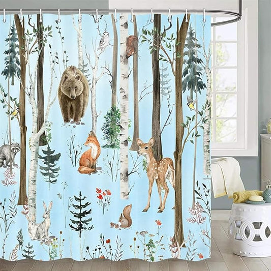 JAWO Rustic Forest Shower Curtains, Lodge Cabin Woodsy RV Shower Curtain, Wildlife Animals Woodland Campers Camping Bathroom Set with Hooks, 60X70 Inch, Blue