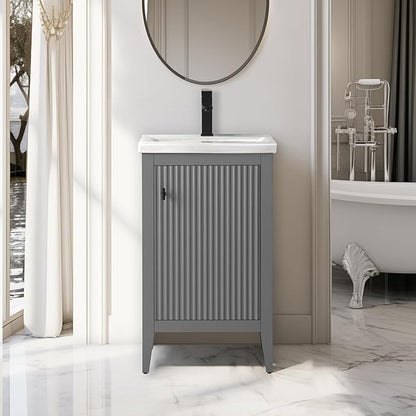 Vanity Art 20 inch Bathroom Vanity with Single Sink & Ceramic Top, Vanity Cabinet with Soft-Closing Door, Solid Wood Frame, Linear Pattern, Cashmere Gray, VA9120-G-MB,Matte Black Handles