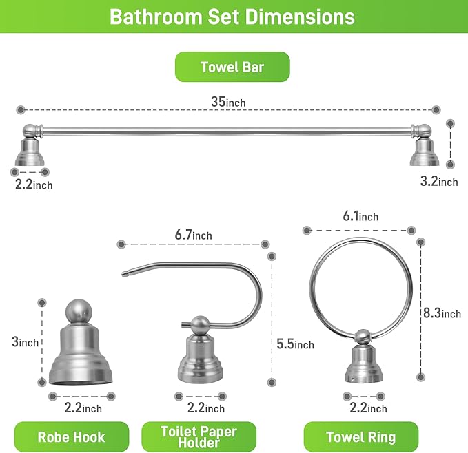 hykolity 3-Light Vanity Light Fixture, 5-Piece All-in-One Bathroom Set with Towel Bar, Ring, Robe Hook & Toilet Paper Holder for Bathroom Mirror Lighting, Brushed Nickel Wall Light with Glass Shade