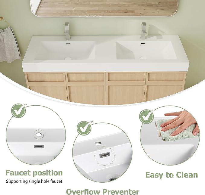 60" Double Sink Freestanding Bathroom Vanity Brown 4-Door Cabinet | Twin basins for master baths, Silent soft-close hardware, Scratch-resistant basins included