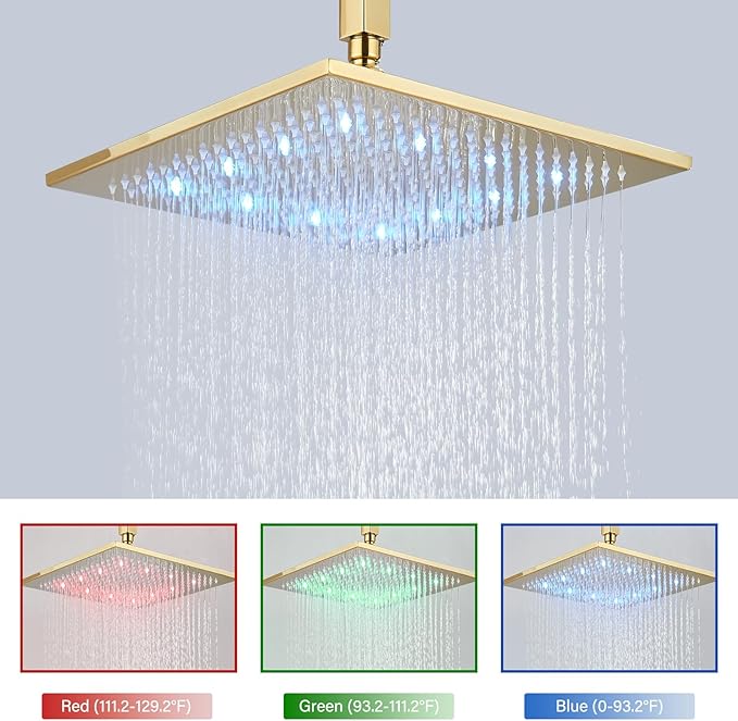 Polished Gold Shower System 12 Inch LED Square Rainfall Shower Head Ceiling Mount Shower Faucet Set with Hand Sprayer Rough-in Valve Trim Kit Bathroom Mixer Shower Combo Set
