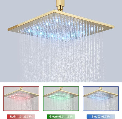 Polished Gold Shower System 12 Inch LED Square Rainfall Shower Head Ceiling Mount Shower Faucet Set with Hand Sprayer Rough-in Valve Trim Kit Bathroom Mixer Shower Combo Set