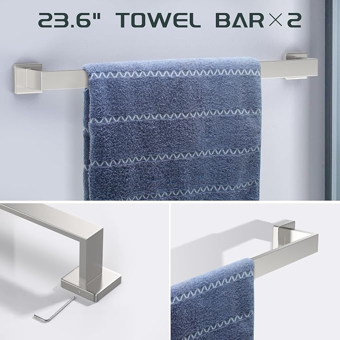 Dorudon atrox 7-Piece Bathroom Hardware Set Brushed Nickel Towel Bar Set with Towel Rack, 2 Square 23-Inch Towel Bars and Stainless Steel Bathroom Accessories Wall Mounted