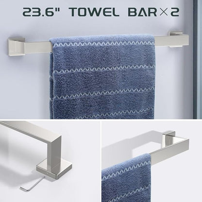 Dorudon atrox 7-Piece Bathroom Hardware Set Brushed Nickel Towel Bar Set with Towel Rack, 2 Square 23-Inch Towel Bars and Stainless Steel Bathroom Accessories Wall Mounted