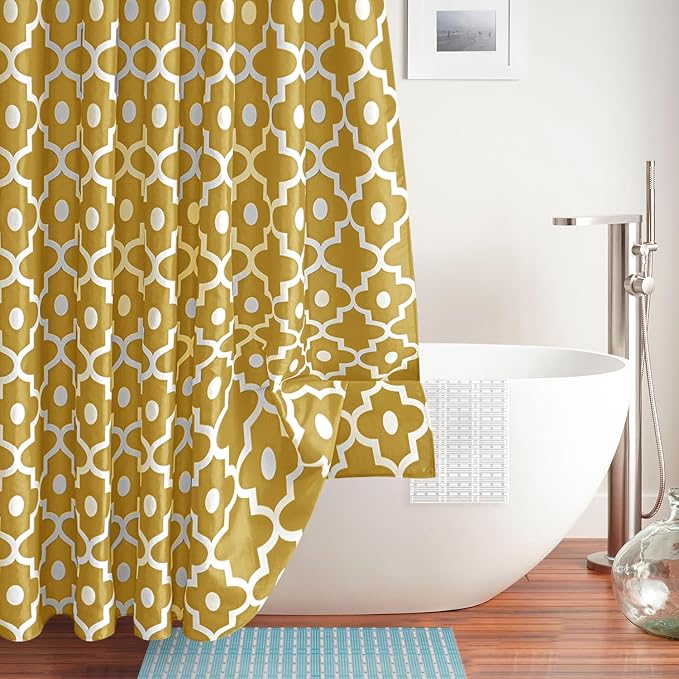 Fabric Modern Shower Curtain-Gold and White Shower Curtains for Bathroom | 72"W x 72"L Textured Faux Linen Elegant Classic Moroccan Bath Decor-Hotel Quality Transitional Washable & Breathable Cloth