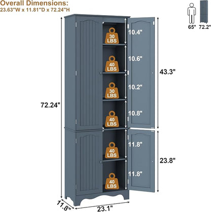 Function Home Tall Pantry Cabinet, Freestanding Storage Cabinet, Wooden Kitchen Pantry with 4 Doors and 5 Shelves, 72" Floor Cabinet Organizer for Kitchen Living Room Bathroom, Grey