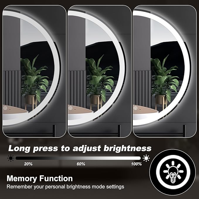 DUMOS 30 Inch Round LED Bathroom Mirror with Lights, Circle Vanity Mirror with Anti-Fog, Dimmable, 3-Color Light, Memory Function, Tempered Glass