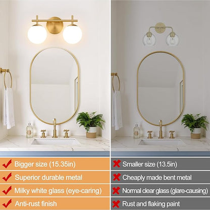2-Light Bathroom Light Fixtures, Brushed Gold Vanity Lights for Bathroom with Milky White Glass Shade, Bathroom Lighting Fixtures Over Mirror, Wall Sconce for Bedroom (Bulb Not Included)