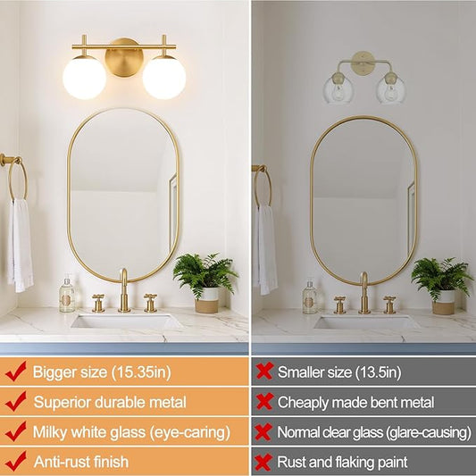 2-Light Bathroom Light Fixtures, Brushed Gold Vanity Lights for Bathroom with Milky White Glass Shade, Bathroom Lighting Fixtures Over Mirror, Wall Sconce for Bedroom (Bulb Not Included)