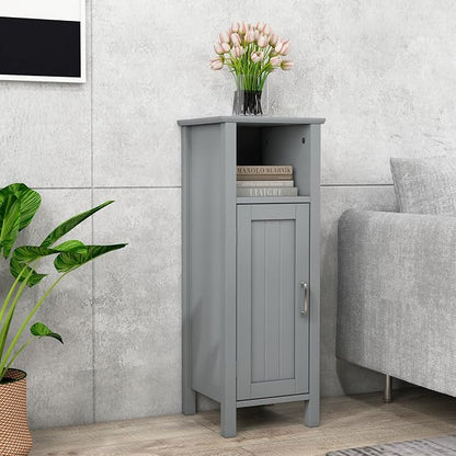 Giantex Narrow Bathroom Storage Cabinet with Open Compartment (Grey) | Freestanding Small Storage Organizer with Adjustable Shelf, Anti-toppling Device, Corner Unit for Living Room