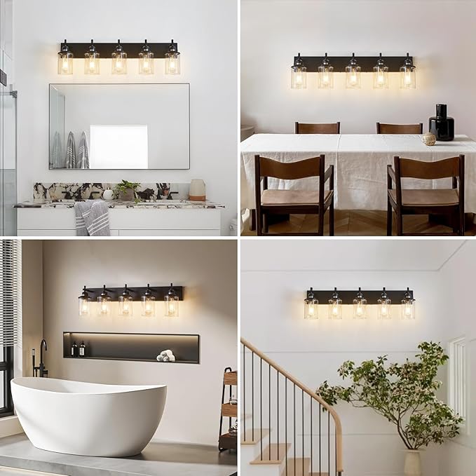 5-Light Black Bathroom Light Fixture Over Mirror Modern Farmhouse Bathroom Vanity Light Vintage Wall Lighting with Clear Glass Shade for Bathroom, Bedroom, Hallway, Cabinet