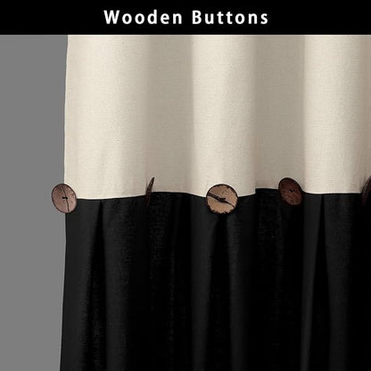 Farmhouse Shower Curtain Linen Button Cream-Black 72" W x 72" L | Farmhouse Style, Chic Button, Striped, Linen Fabric, Rustic, Country, Natural Look, Washable, for Bathroom Bathtub