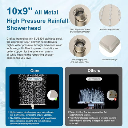 Hibbent Metal 10" High Pressure Rain Shower Head Combo, Brushed Nickel | cUPC Certified Rainfall Shower Head with handheld 10 Sprays, 16'' Adjustable Extension Arm, 71'' Hose, Showerhead Holder