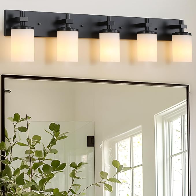 LOUSACE Bathroom Light Fixtures Over Mirror, 5 Light Vanity Lights Matte Black, Modern Bathroom Lighting with Opal White Glass Shades, Wall Sconces Fixture Vanity Lighting for Bedroom Living Room