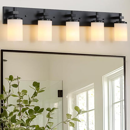 LOUSACE Bathroom Light Fixtures Over Mirror, 5 Light Vanity Lights Matte Black, Modern Bathroom Lighting with Opal White Glass Shades, Wall Sconces Fixture Vanity Lighting for Bedroom Living Room
