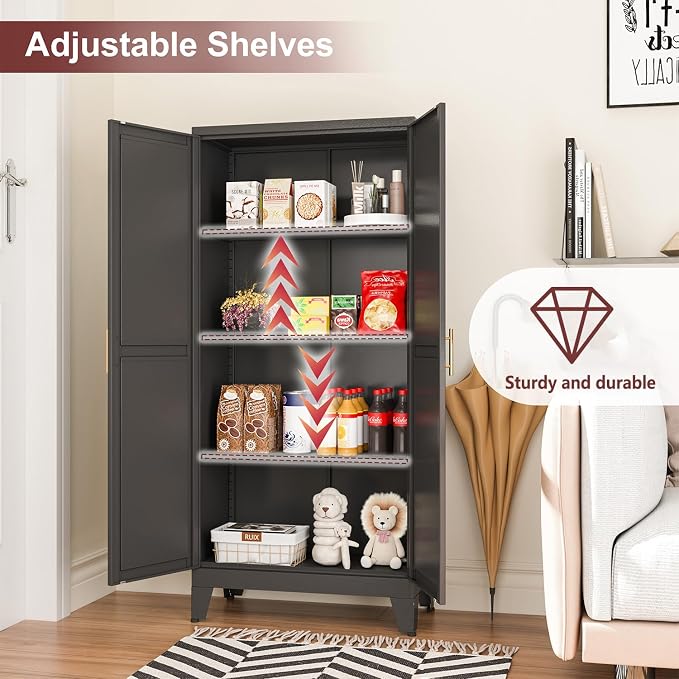 winiowa Metal Pantry Cabinet with 2 Doors and Adjustable Shelves, Kitchen Storage cabinets with Gold Handles, Versatile Storage for Laundry Room,Living Room,Bathroom,Dinning Room-Black