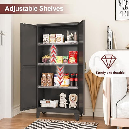 winiowa Metal Pantry Cabinet with 2 Doors and Adjustable Shelves, Kitchen Storage cabinets with Gold Handles, Versatile Storage for Laundry Room,Living Room,Bathroom,Dinning Room-Black