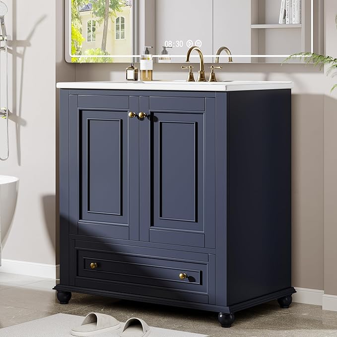 Tribesigns 30" Bathroom Vanity with Ceramic Sink Combo, Freestanding Bathroom Storage Vanity Cabinet with 2 Doors & 1 Drawer, Solid Wooden Frame & Coated Surface, Metal Handle, Navy Blue