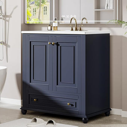 Tribesigns 30" Bathroom Vanity with Ceramic Sink Combo, Freestanding Bathroom Storage Vanity Cabinet with 2 Doors & 1 Drawer, Solid Wooden Frame & Coated Surface, Metal Handle, Navy Blue