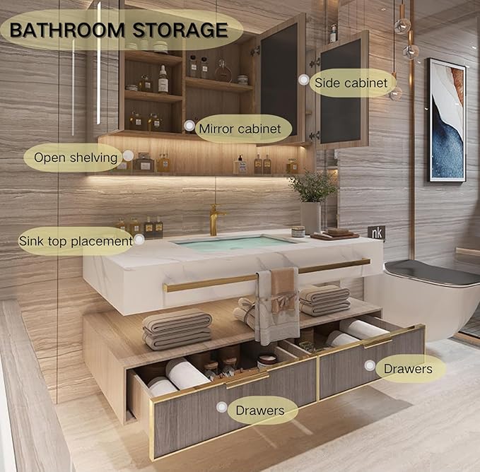 Double Bathroom Vanities, Floating Bathroom Vanity with Sink, Luxury Bathroom Vanity Set Includes Slate Countertop, Vanity Cabinet with Towel Bar & Defog Mirror Cabinet with Lights(80 inch)