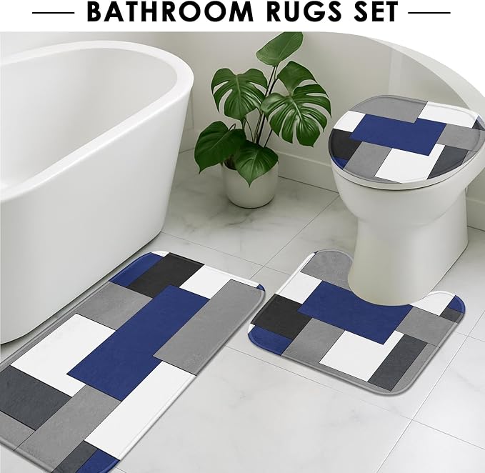 Bathroom Sets with Shower Curtain and Rugs, 4 Pcs, Geometric Navy | Abstract Checkered Modern Bathroom Decor Set with Toilet Lid Cover, Non-Slip Bath Mats and Accessories 12 Hooks