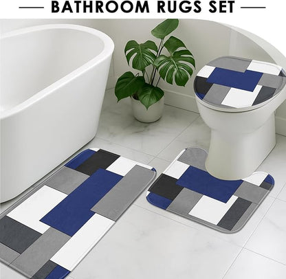 Bathroom Sets with Shower Curtain and Rugs, 4 Pcs, Geometric Navy | Abstract Checkered Modern Bathroom Decor Set with Toilet Lid Cover, Non-Slip Bath Mats and Accessories 12 Hooks
