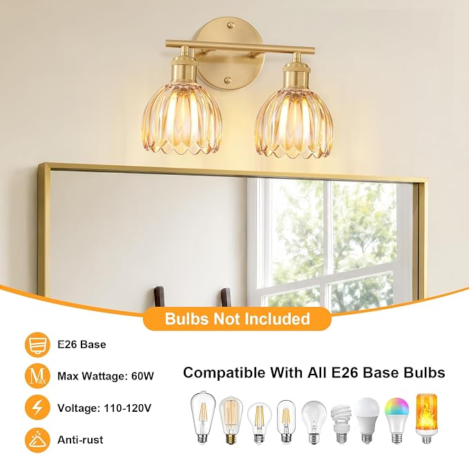 Bathroom Light Fixtures, 2-Light Brushed Gold Vanity Lights for Bathroom with Amber Tulip Glass Shade, 12" Vintage Bathroom Vanity Lighting Fixtures Over Mirror for Bedroom Living Room Hallway