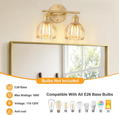 Bathroom Light Fixtures, 2-Light Brushed Gold Vanity Lights for Bathroom with Amber Tulip Glass Shade, 12" Vintage Bathroom Vanity Lighting Fixtures Over Mirror for Bedroom Living Room Hallway