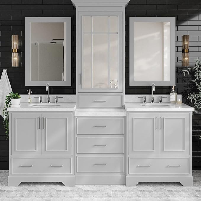 ARIEL Stafford 85 inch Bathroom Vanity Set in Grey, Double Oval Sink, 1.5" Carrara White Marble Countertops, 5 Soft Closing Doors, 6 Full Extension Dovetail Drawers, Mirror Cabinet