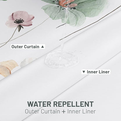 No Hook Floral Shower Curtain with Liner, Sage Green, 71x74 | Snap in Liner, 3 in 1, Water Repellent, Easy Install, Machine Washable, Hotel Style for Bathroom, Watercolor Pattern