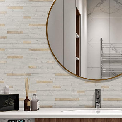 STICKGOO 20 Sheets Peel and Stick Backsplash Tile, Stick on Backsplash for Kitchen and Bathroom, White Sandstone Look PVC Mixed Metal Gold Self Adhesive Wall Tiles