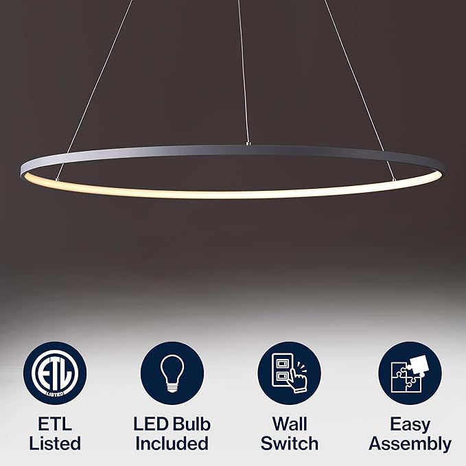 JONATHAN Y 35" Gray Modern Integrated LED Pendant Light, Dimmable Round Hoop Chandelier for Kitchen Island, Dining Room, Adjustable Height Metal Hanging Light (JYL7220E)