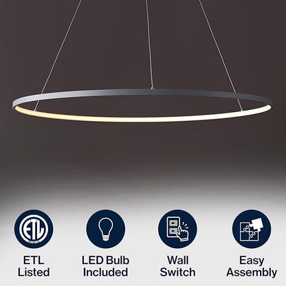 JONATHAN Y 35" Gray Modern Integrated LED Pendant Light, Dimmable Round Hoop Chandelier for Kitchen Island, Dining Room, Adjustable Height Metal Hanging Light (JYL7220E)