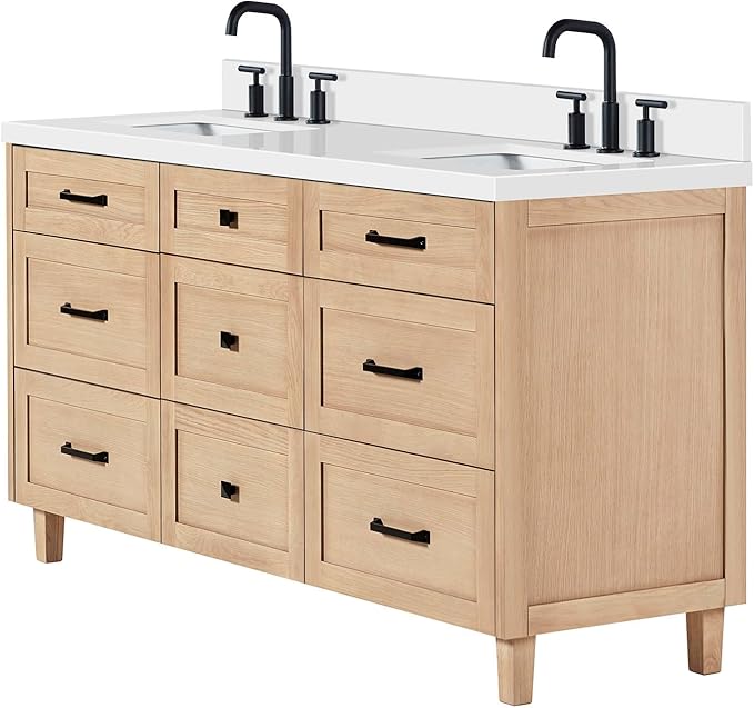 ARIEL Monroe 66-inch Bathroom Vanity with Sink,Solid Wood, 1.5-inch Pure White Quartz Countertop & Backsplash, Double Oval Porcelain Sink, 9 Dovetail Drawers, Matte Black, White Oak